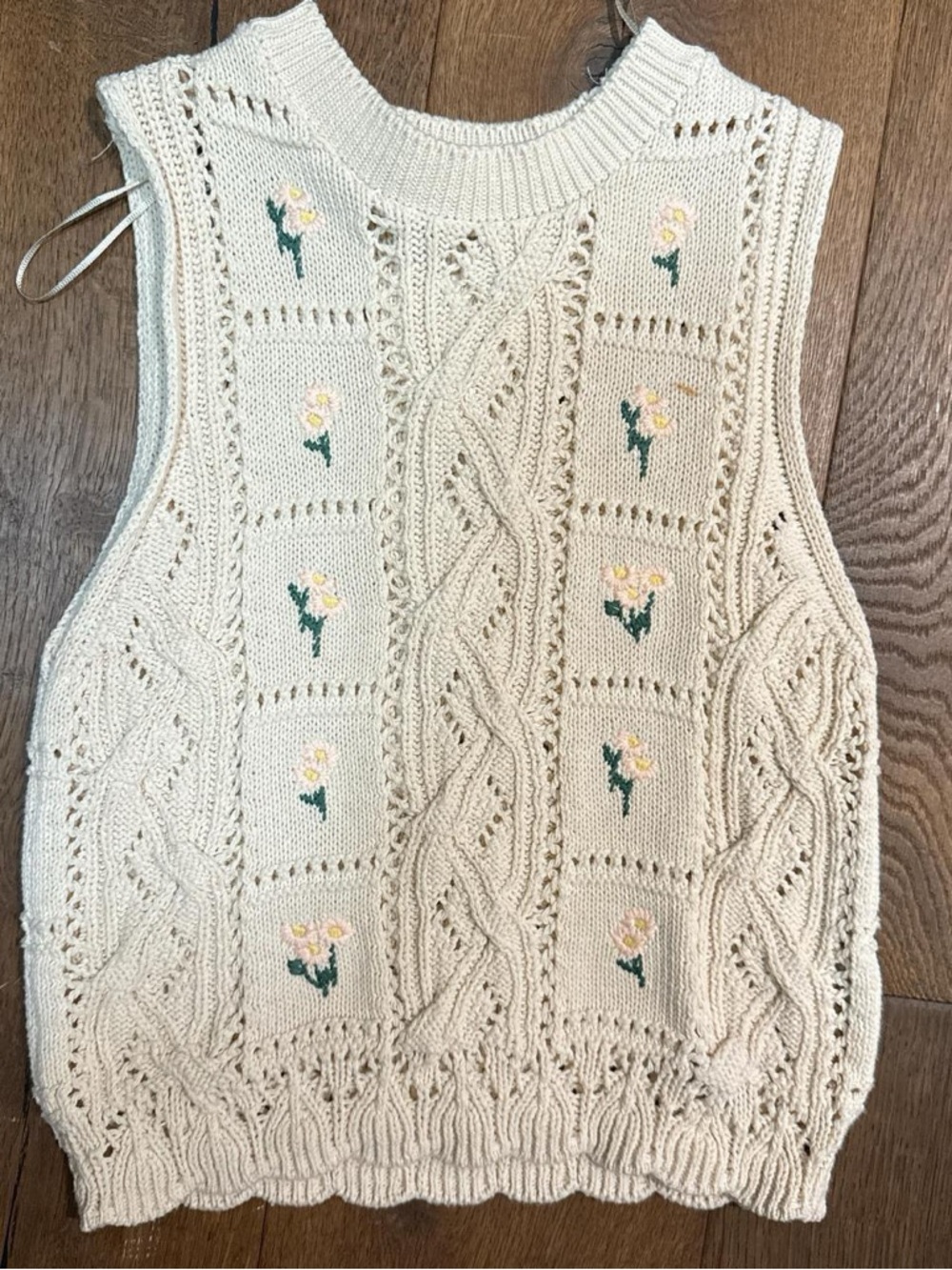 Zara Cream Cable Knit Sweater Vest with Floral Embroidery